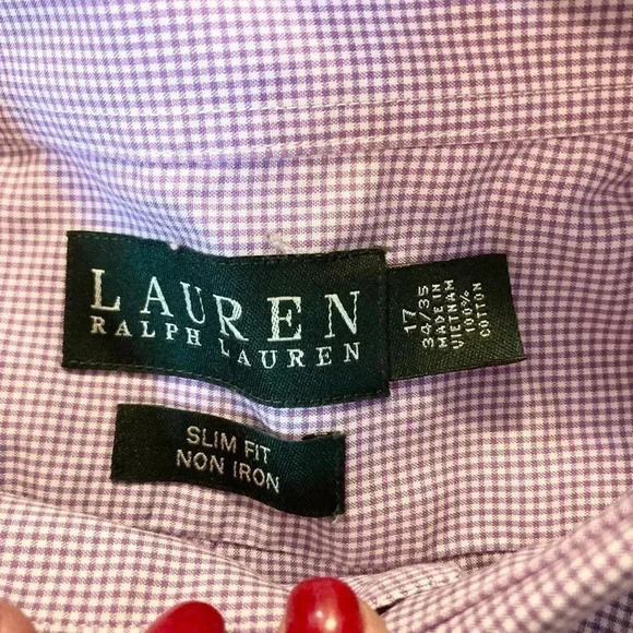 Lauren Ralph Lauren Button Down Shirt Purple Plad Slim Fit Mens Size 17 34/35 - Picture 2 of 5